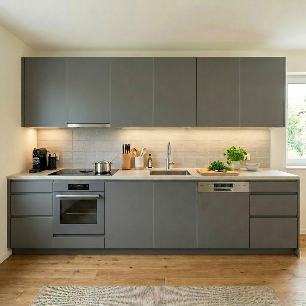 Modern kitchen with gray cabinetry, built-in oven, stovetop, sink, and countertop accessories